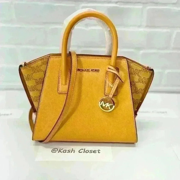 Michael Kors Avril Small Satchel Crossbody Bag MK Signature Honeycomb Yellow - Picture 1 of 11
